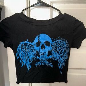 Black T-Shirt with Blue Skull and Wings Design